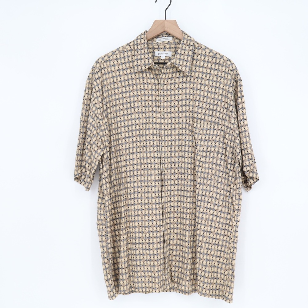 Pierre Cardin Shirt Mens L Vintage Geometric Diamond Tan Button-Down Excellent